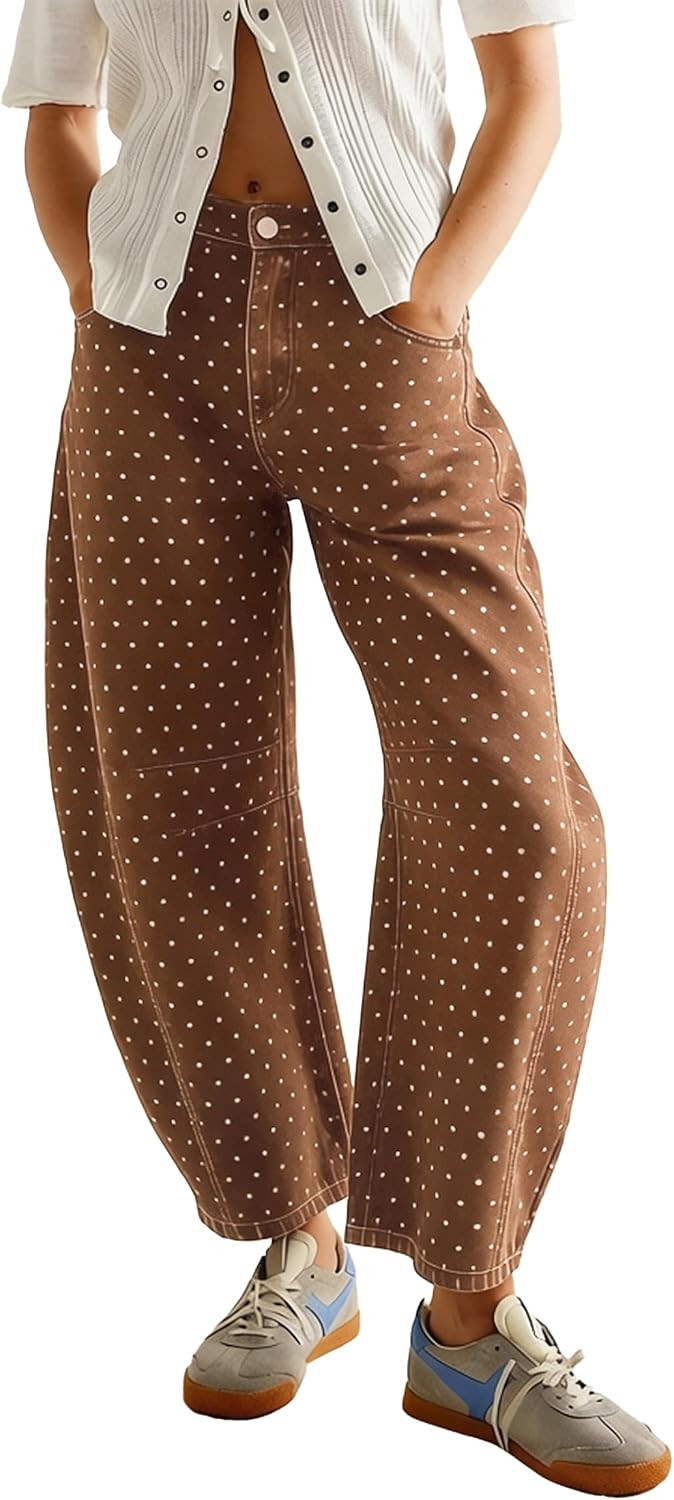 chouyatou Women Baggy Polka Dot Barrel Jeans Y2K Floral Print Wide Leg Jeans Boyfriend Denim Ankle Pants | Amazon (US)