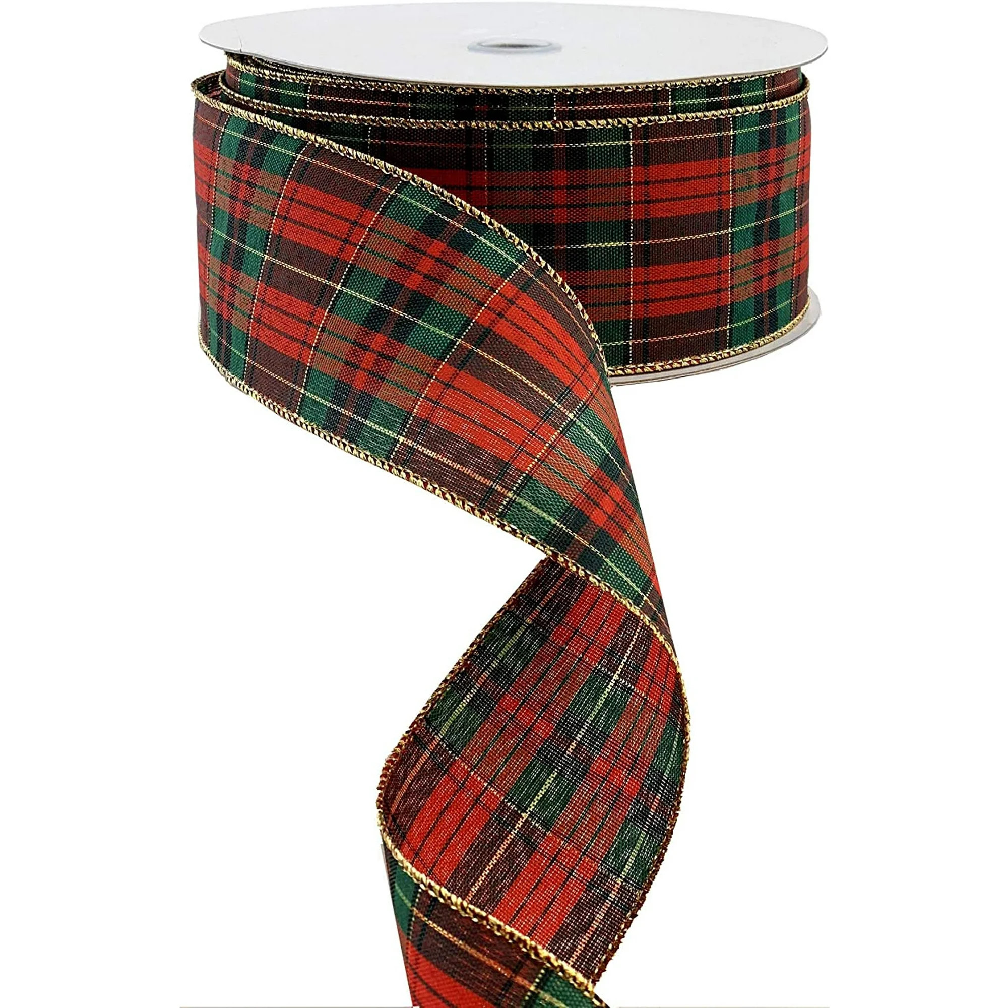 Holiday Wired Christmas Tree Ribbon - 2 1/2" x 50 Yards, Red Gold Edge Plaid, Wreath, Garland, Gi... | Walmart (US)