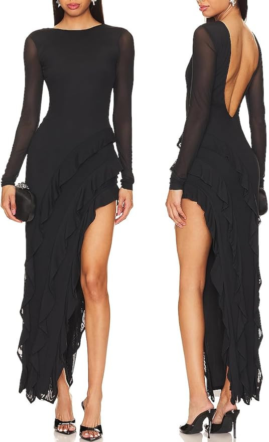 Capuffy Womens Long Sleeves Backless Maxi Dress Mesh Tassel Ruffle Side Split Bodycon Dress Siobh... | Amazon (US)
