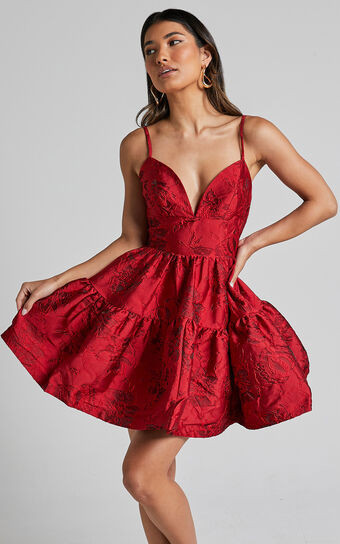 Britany Mini Dress - V Neck Tiered Strappy Tiered Fit and Flare Dress in Red | Showpo (US, UK & Europe)
