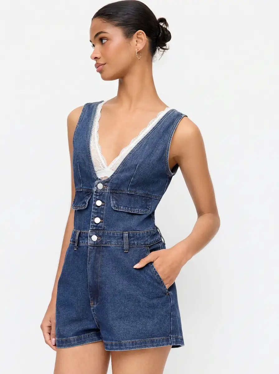 Denim V-Neck Button Front Metal Detail Jumpsuit | Cider
