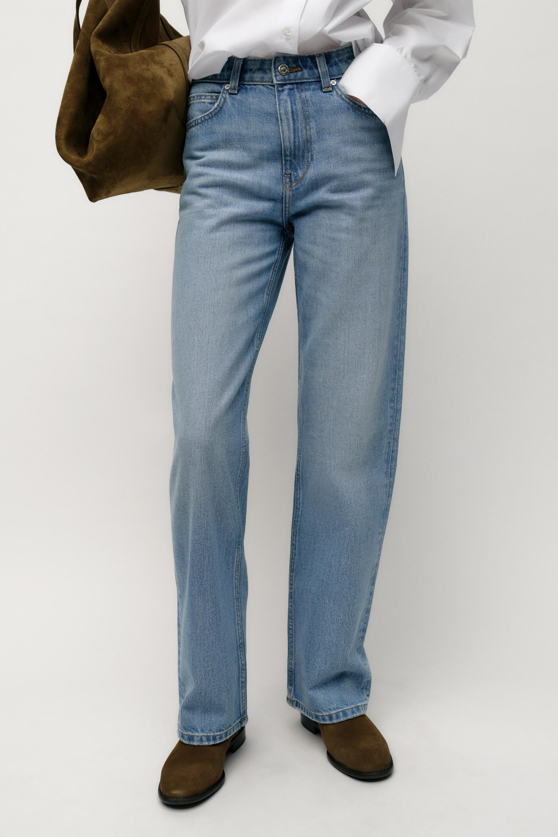 Zara - Z.03 Straight High-Waisted Long Length Jeans - Women - Mid-Blue - Women | Zara US
