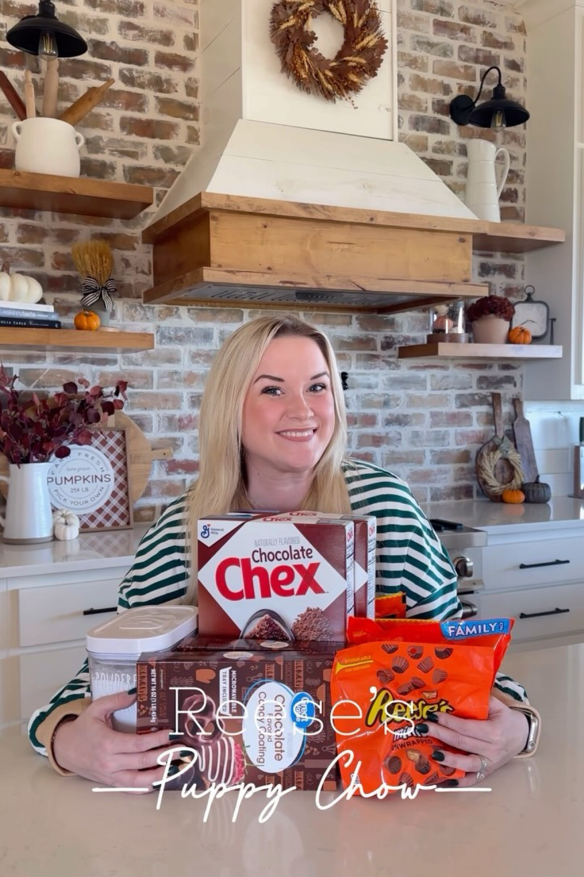 Fall puppy chow fav! This is so easy and it makes a lot to share! Easy to fill up some baggies and share with others, bring to a pot luck, or a sweet treat for a gathering! Save and share for your next event! 

Recipe:
 1. In large bowl, put a whole box of Chocolate Chex cereal, and a cup of peanuts.
2. Melt chocolate a whole block of almond bark chocolate according to package( I bought the Walmart brand kind) and mix carefully in to cereal mix, trying not to crush cereal.
3. Using two gallon size ziplock bags, put a cup of powdered sugar into each bag. Split the chocolate cover mixture into each back, and zip bag up tightly.  Gently shake both bags and massage bag so powdered sugar evenly coats chocolate. 
5. On a large pan lined with Parchment paper, dump both bags of mixture out and break up and large chunks of chocolate, and mix up in powdered sugar to make sure it’s all coated evenly. Let cool for 15 min or so. 
6. Sprinkle on Reese’s pieces(save some to top it off) and a bag of halved Reese’s miniatures ( you will have to unwrap them and cut them in half), and the bag of Reese’s unwrapped minis.
7. Roll up parchment paper to help funnel in puppy chow mix into large bowl. For color, top off with more Reese’s pieces and enjoy! Store in an air right container or bag!

Tag me if you try it! 

#fallrecipes #fallsnacks #falltreats #thanksgivingdesserts #thanksgivingtreats #friendsgivingdinner #farmhousekitchens #reelrecipe