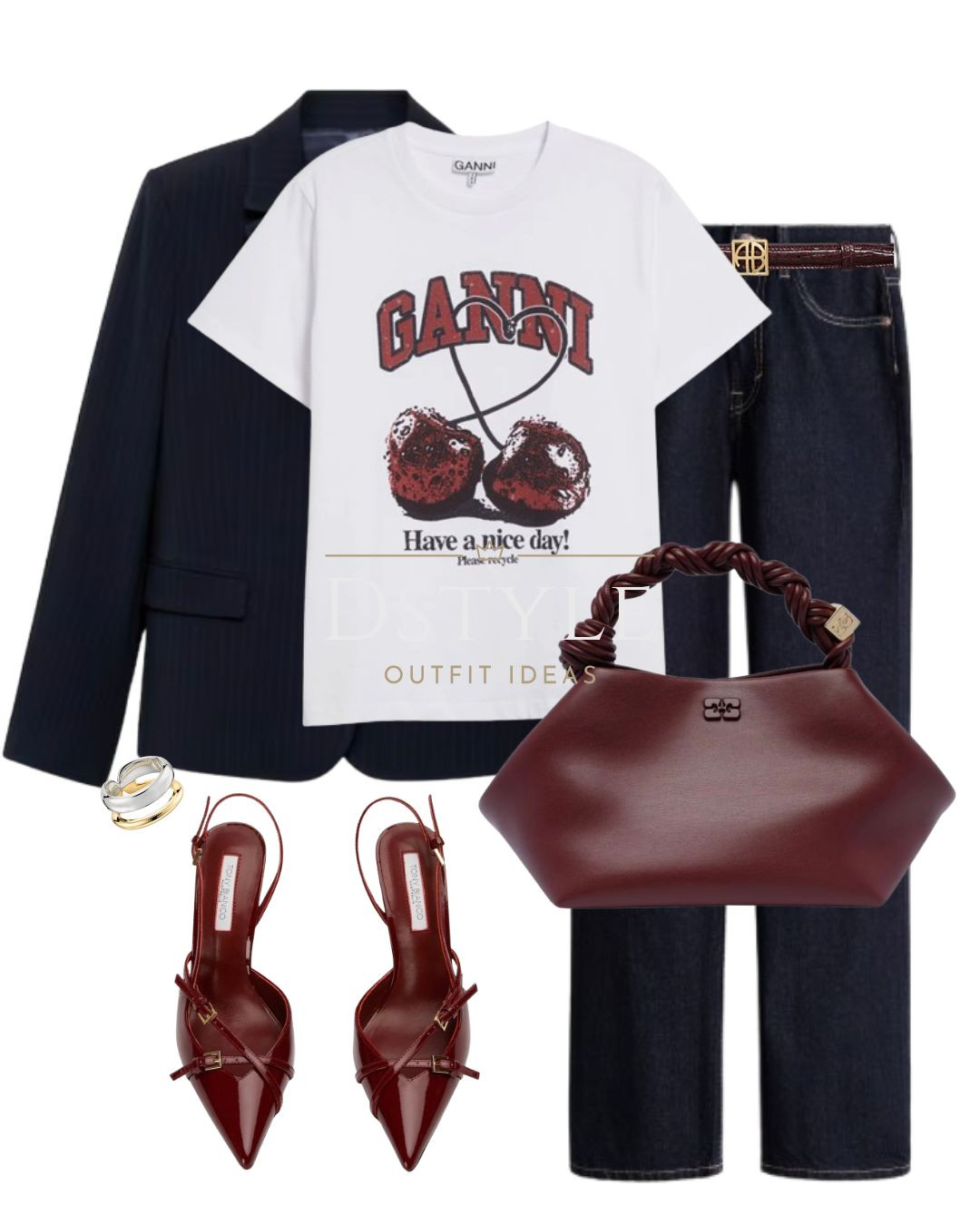 Dark navy pinstripe blazer, Ganni cherry graphic t-shirt, HM navy blue straight jeans, burgundy belt, Ganni tote bag, bordeaux patent pointed-toe shoes.
spring style, workwear, chic look 

 

#LTKStyleTip #LTKWorkwear #LTKShoeCrush