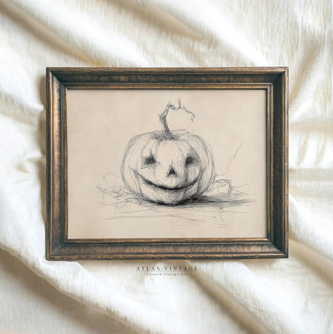 Vintage Funny Jack O Lantern Sketch Print, Halloween Pumpkin Line Drawing Printable Wall Art, Spo... | Etsy (US)