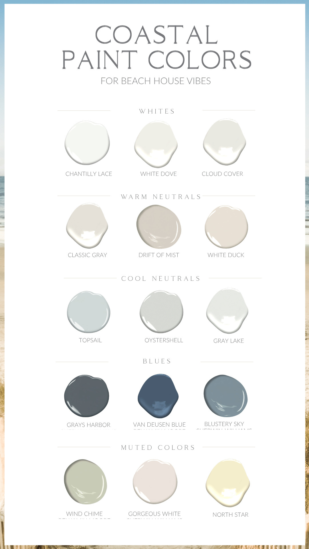 Coastal paint colors are about so much more than blue and white. Think soft whites, sandy neutrals, driftwood tones, watery blues, blue-greens and muted natural shades inspired by the shoreline.

I rounded up my favorite coastal paint colors from Benjamin Moore and Sherwin-Williams, including versatile whites, calming blue-grays, soft greens and deeper accent colors that work beautifully in coastal-inspired homes.

If you’re looking for beach house paint colors, a coastal color palette or calming interior paint colors that feel relaxed and sophisticated rather than overly themed, these are some of my go-to choices.

You can find the full list of coastal paint colors, along with tips for where and how to use them, in my latest blog post. Shop the paint colors and read the full post through the links here. 

 #LTKHome