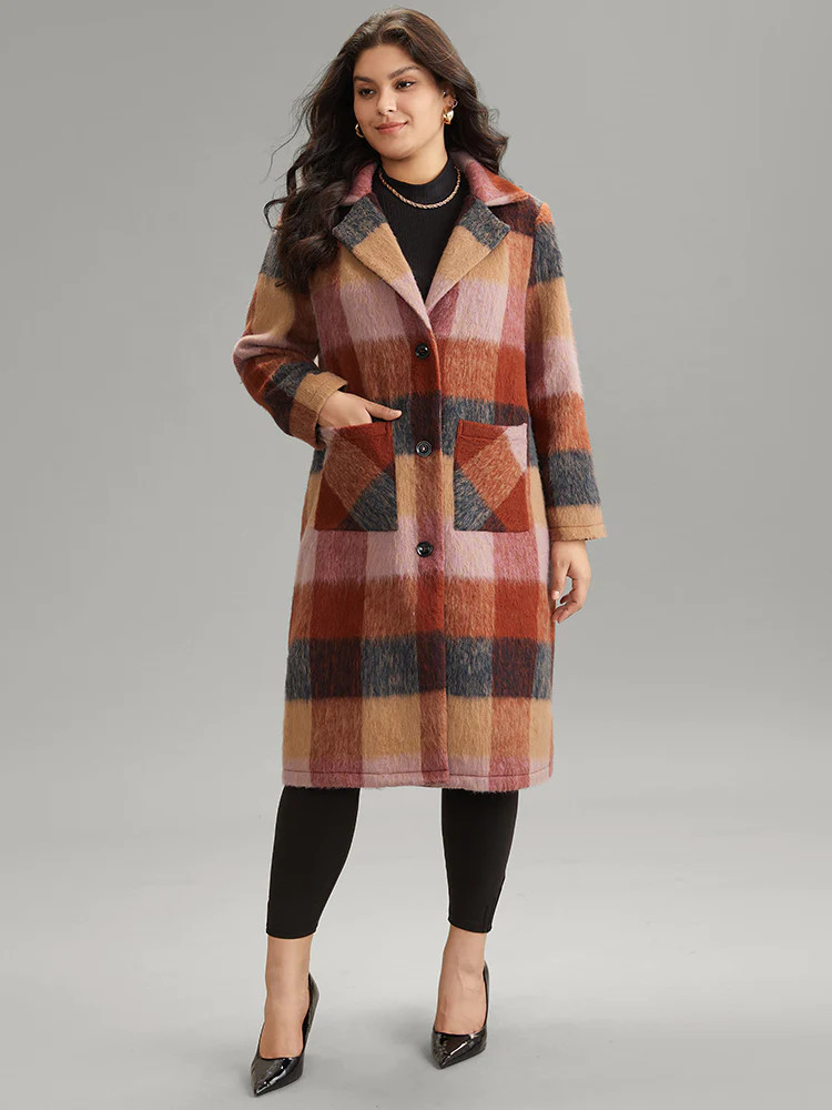 Contrast Plaid Patched Pocket Maxi Coat | Bloomchic