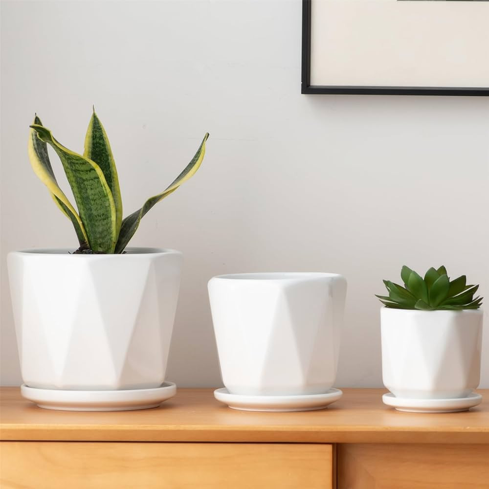 Octagon Ceramic Plant Pots - Indoor White Flower Planter Set with Drainage Holes, 6.7/5.5/4.7 Inc... | Amazon (US)