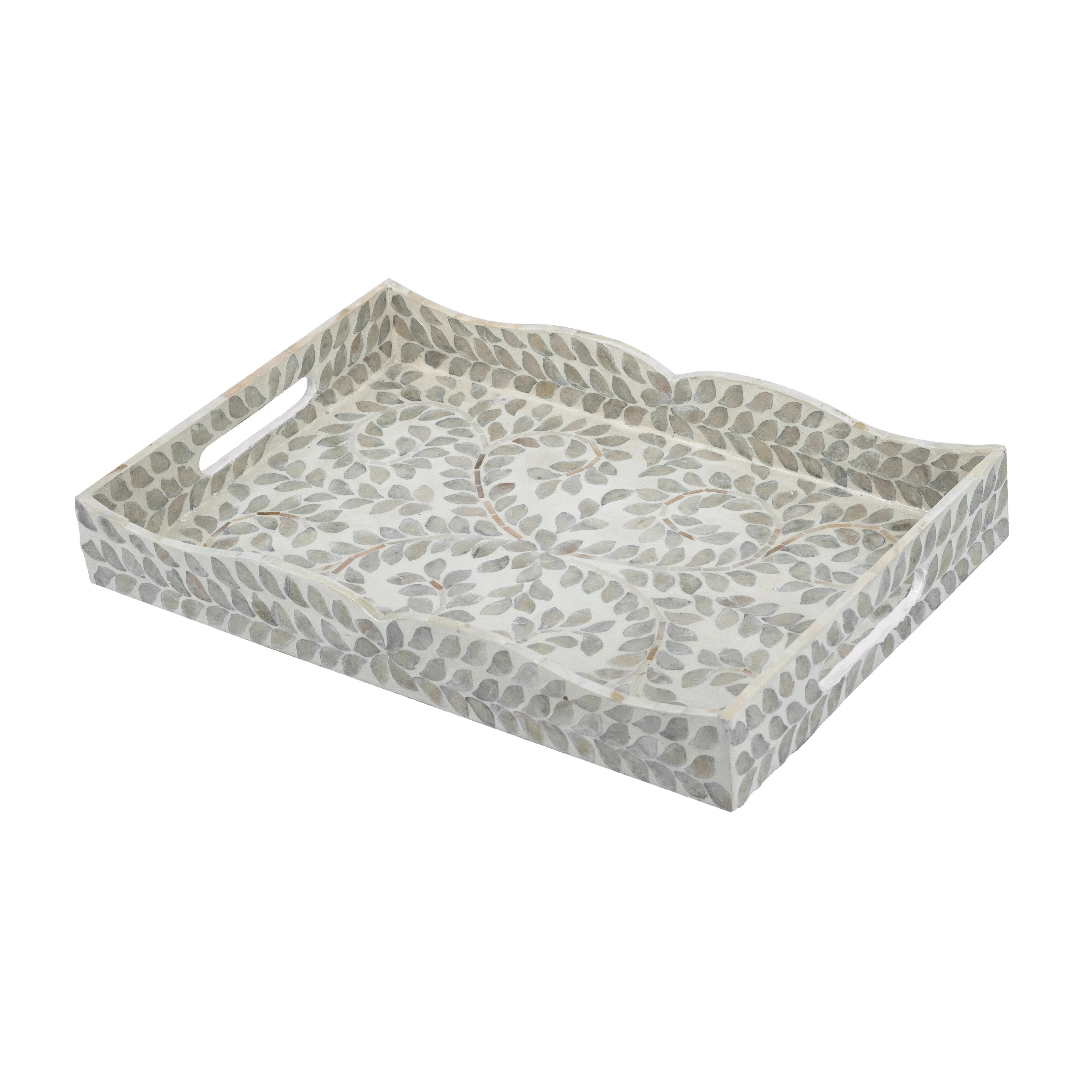 18X12x2.5" Decorative Rectangle Tray With White Floral Capiz Design And Scalloped Edges | Wayfair North America