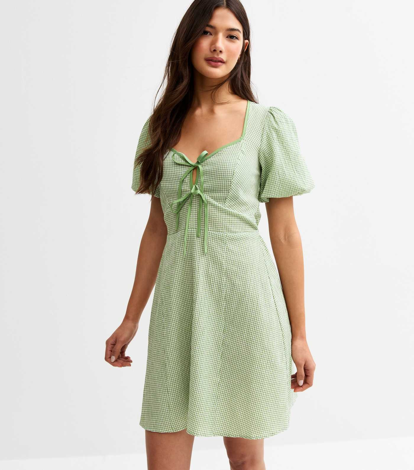 Green Gingham Tie Neck Mini Dress | New Look | New Look (UK)