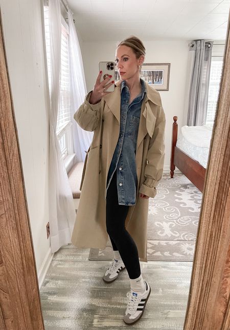 Trench coat outfit, denim shirt, leggings, Adidas Samba sneakers

#LTKSeasonal #LTKshoecrush #LTKfindsunder100