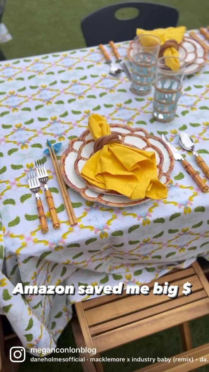 Hosted a fun group of friends last night for our first @hibachidallas experience!!! Was so much fun & the food was amazing (more tomorrow 🎥)! Highly recommend!!

Not going to lie, a Table Setting for 18 had me 🤯💸💸💸 but once again, Amazon & some big designer sales, really saved (money) the day! 
• ditched the placemats and just used these gorgeous @lauraparkdesign tablecloths (which were on major sale)! Don’t always need placemats!
• these bamboo melamine plates are the greatest, started with 8 and I’ve grown my collection over a year but they’re sold in a set of 4 & a great investment!
• napkins @amazon 12 for $20 
• flatware, also amazon 20 piece “bamboo” set for $24, can’t beat that!!!
• napkin rings, Amazon, 12 for $20!*these blue origami crane chopstick holders🥰 aren’t those the cutest?! 12 for $12! Would make a great party favor… send your guests home with their chopsticks and their crane!!
• found these @lindrothdesign island wrapped water glasses on sale 4 for $45! Had the brown ones already and mixed them around with the blue! 

All in all, Amazon was the real winner here but having a fun tablecloth to pull colors from, gives you so many possibilities with which direction you can take your table setting! 
Linked in bio!
Lots more to come!!

#LTKSeasonal #LTKhome #LTKFind