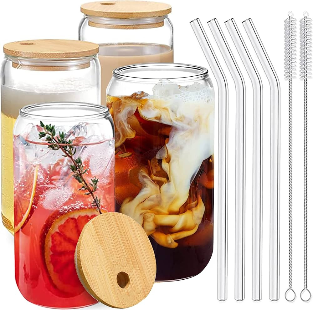 Drinking Glasses with Bamboo Lids and Glass Straw 4pcs Set, 16oz Can Shaped Glass Cups, Beer Glas... | Amazon (CA)