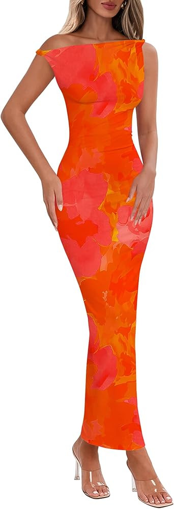 Lazysmile Summer Floral Maxi Dresses for Women One Shoulder Bodycon Mesh Elegant Formal Cocktail ... | Amazon (US)