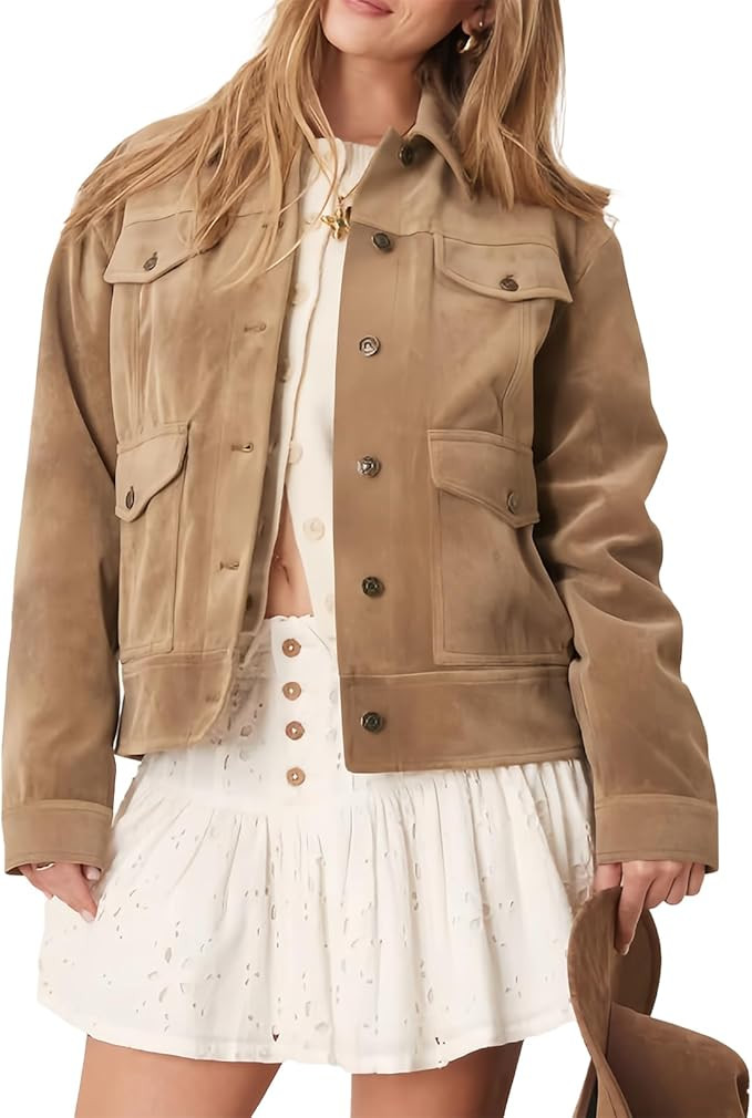 Womens Faux Suede Jacket Utility Cargo Jackets Button Down Shacket Coats with Pockets | Amazon (US)