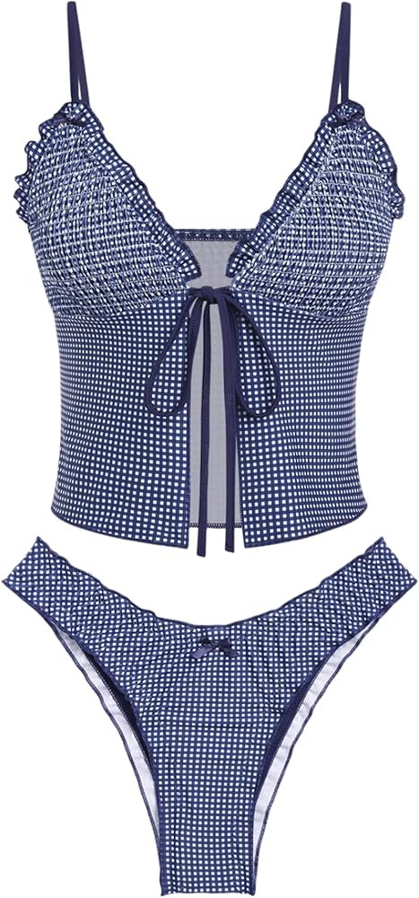 ZAFUL Tankini Swimsuits for Women Smocked Ruffles Tie Front Bowknot Textured High Cut Tanga Tanki... | Amazon (US)