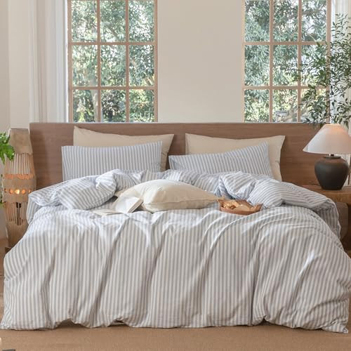 MooMee Striped Duvet Cover Set 100% Washed Cotton Linen Like Textured Breathable Durable Soft Comfy (Cornflower Blue White Classic Stripes, King 104"x90") | Amazon (US)