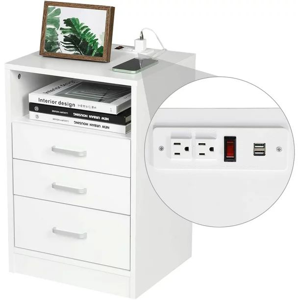Adorneve White Nightstand with 3 Drawer, Charging Station USB Port - Walmart.com | Walmart (US)