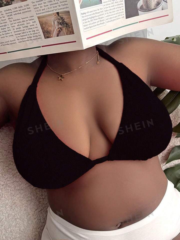 SHEIN Swim Curve Summer Beach Plus Solid Halter Bikini Top | SHEIN