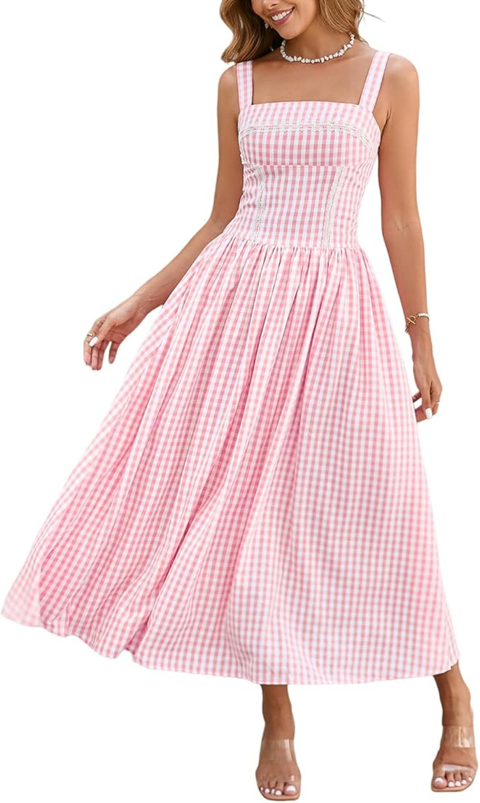 XinFSh Women's Summer Corset Midi Dress Flowy Square Neck Sleeveless Lace Wedding Guest Dresses w... | Amazon (US)