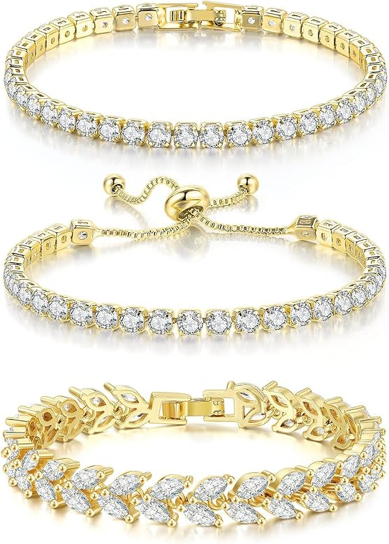 3 Pcs Tennis Bracelet Set 14K Gold Plated Marquise Cubic Zirconia CZ Diamond Dainty Adjustable Si... | Amazon (US)