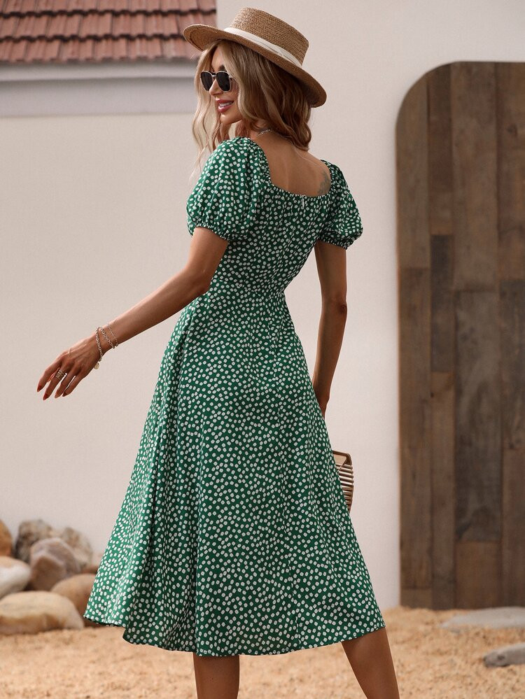 Ditsy Floral Print Puff Sleeve Split Thigh Dress | SHEIN
