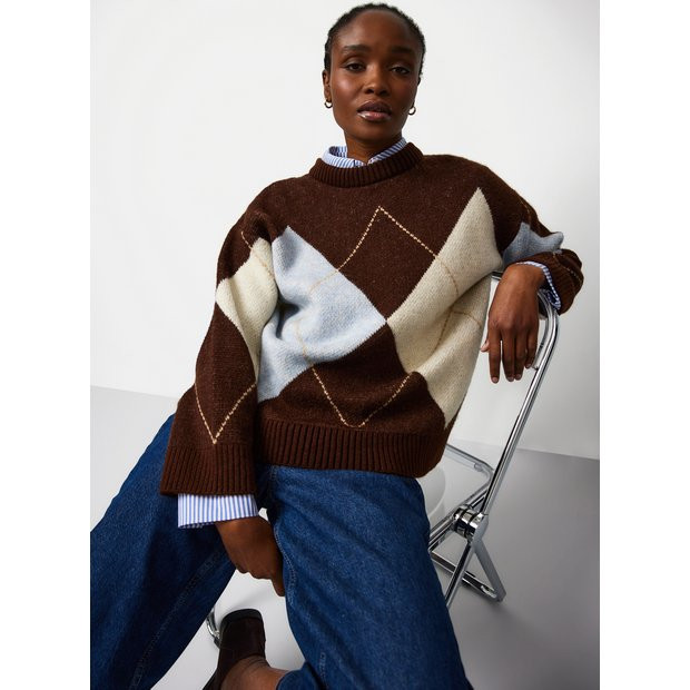 Brown Oversized Argyle Jumper L | Tu Clothing