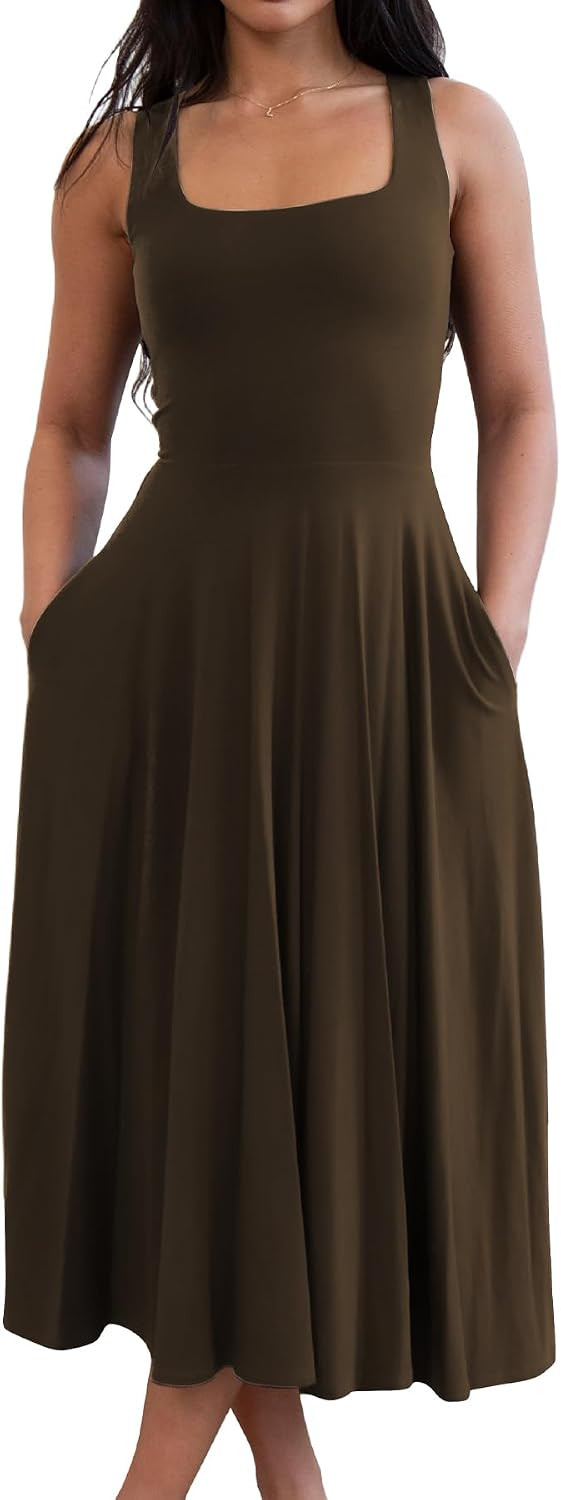 Women's Square Neck Casual Dress Summer Sundress with Pockets | Amazon (US)