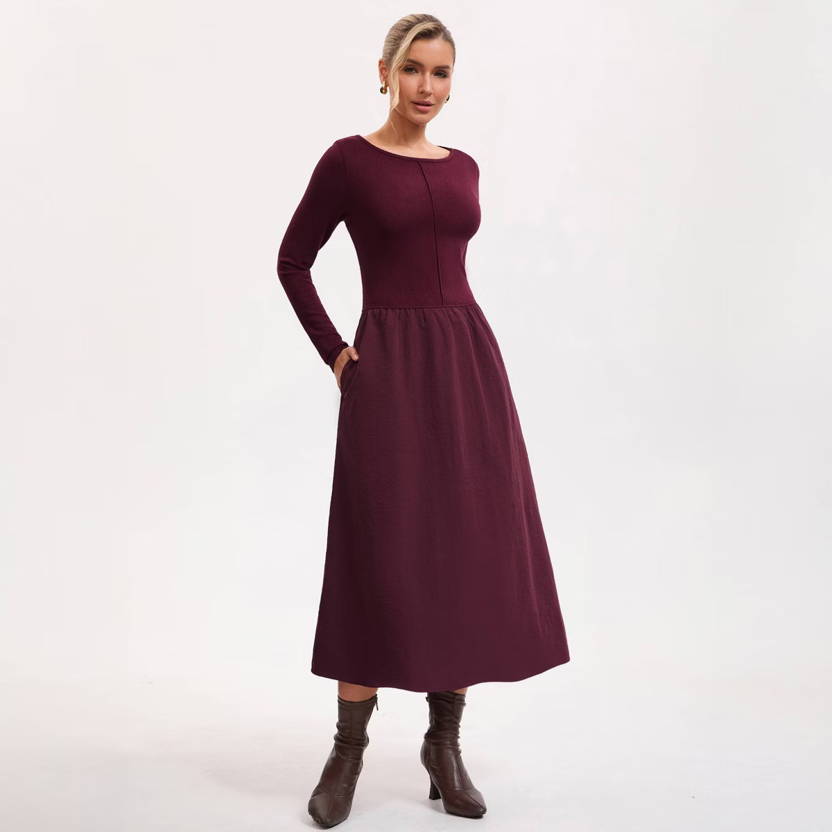 Women's Long Sleeve Twofer Midi A-Line Dress - A New Day™ Wine Red | Target