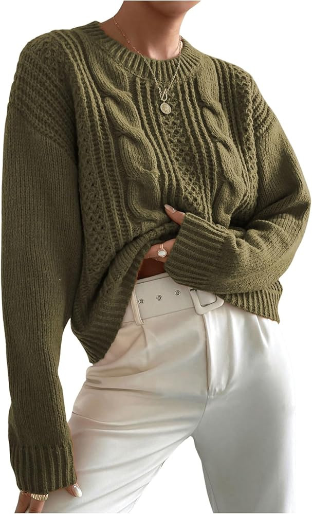 MakeMeChic Women's Cable Knit Sweaters Drop Shoulder Long Sleeve Crew Neck Casual Pullover Tops | Amazon (US)