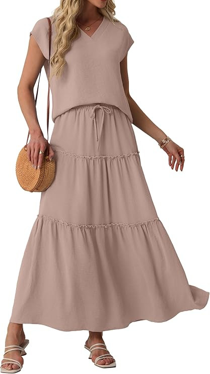 Lepunuo 2 Piece Skirt Sets for Women Flowy Maxi Skirts Cap Sleeve Tops Matching Sets Travel Vacat... | Amazon (US)