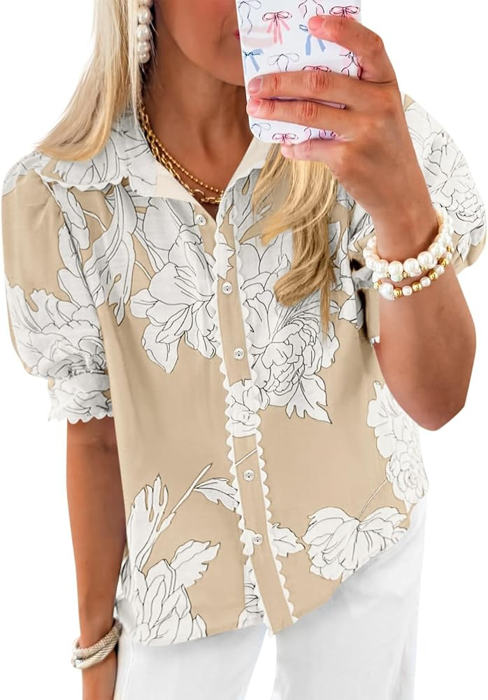 Cicy Bell Womens Puff Sleeve Button Down Shirts Floral Print Summer Casual Tops Boho Loose Fit Co... | Amazon (US)