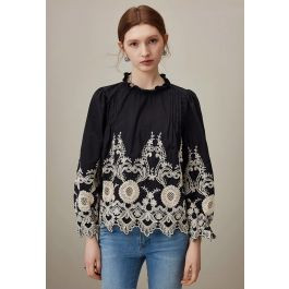 Floral Embroidery Lace Ruffle Top in Black | Chicwish