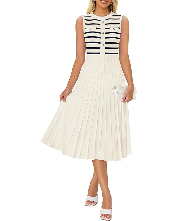 ZESICA Women's Sleeveless Striped Midi Dress Summer Crewneck Button Knit Swing Pleated A Line Cas... | Amazon (US)