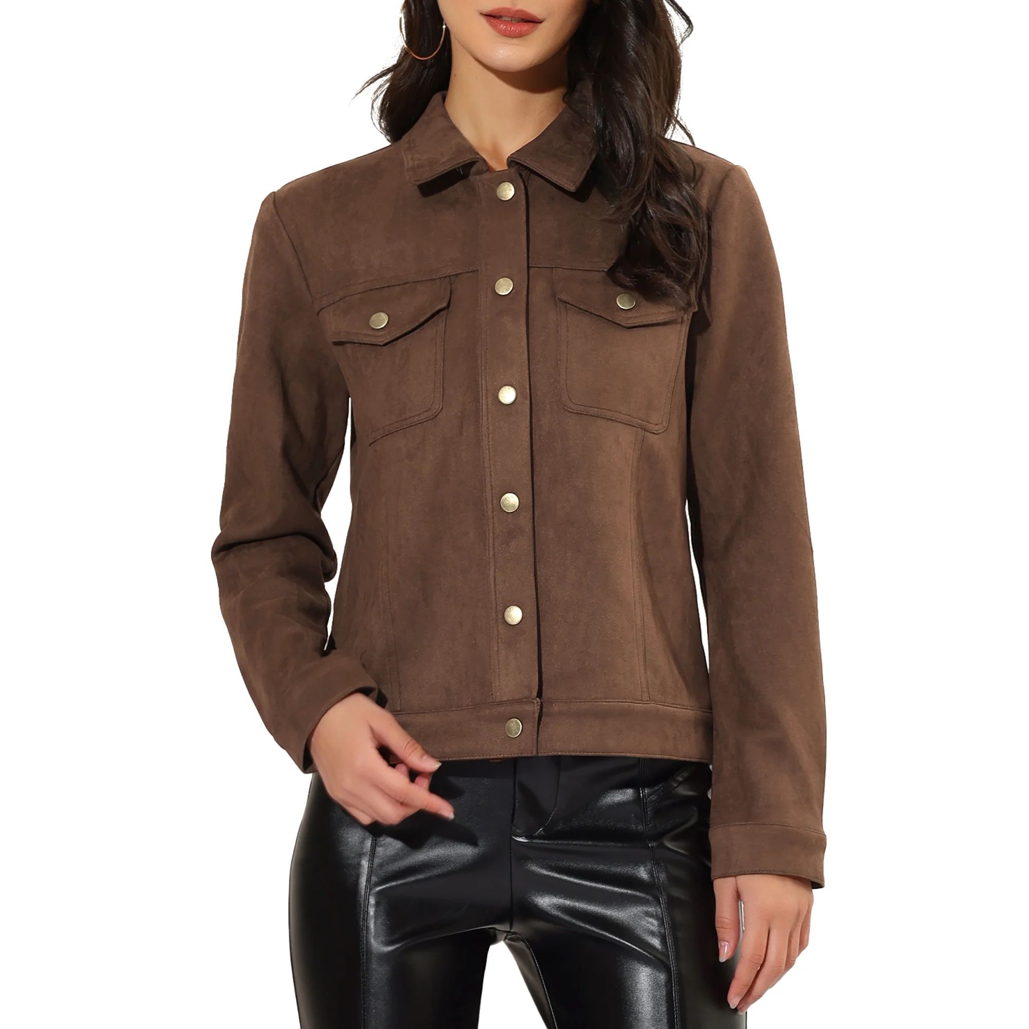 Allegra K Women's Jackets Long Sleeve Faux Suede Trucker Motorcycle Jacket - Walmart.com | Walmart (US)