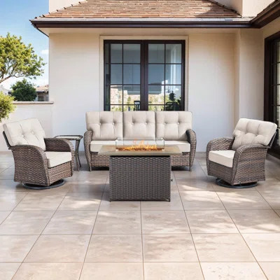 Harbor 5-Piece Outdoor Wicker Patio Furniture Sofa Set With 55,000 BTU Fire Pit Table, Swivel Chairs & Thick Cushions | Wayfair North America