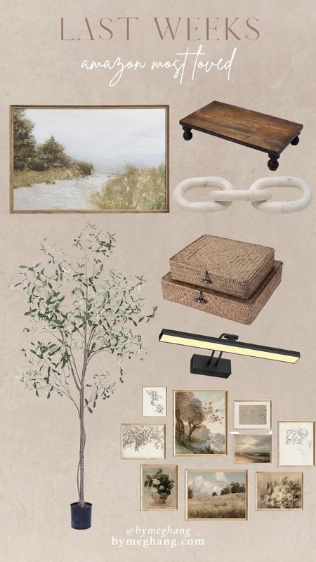 Last weeks most loved items from amazon! Large framed art, wooden pedestal, marble links, woven boxes, $30 art light, $17 canvas prints, 7 foot olive tree! 

#LTKFind #LTKhome