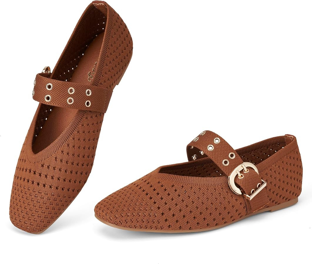 Trary Knit Flats for Women Square Toe Ballet Flats with Buckle Straps Mary Jane Shoes Women Comfo... | Amazon (US)