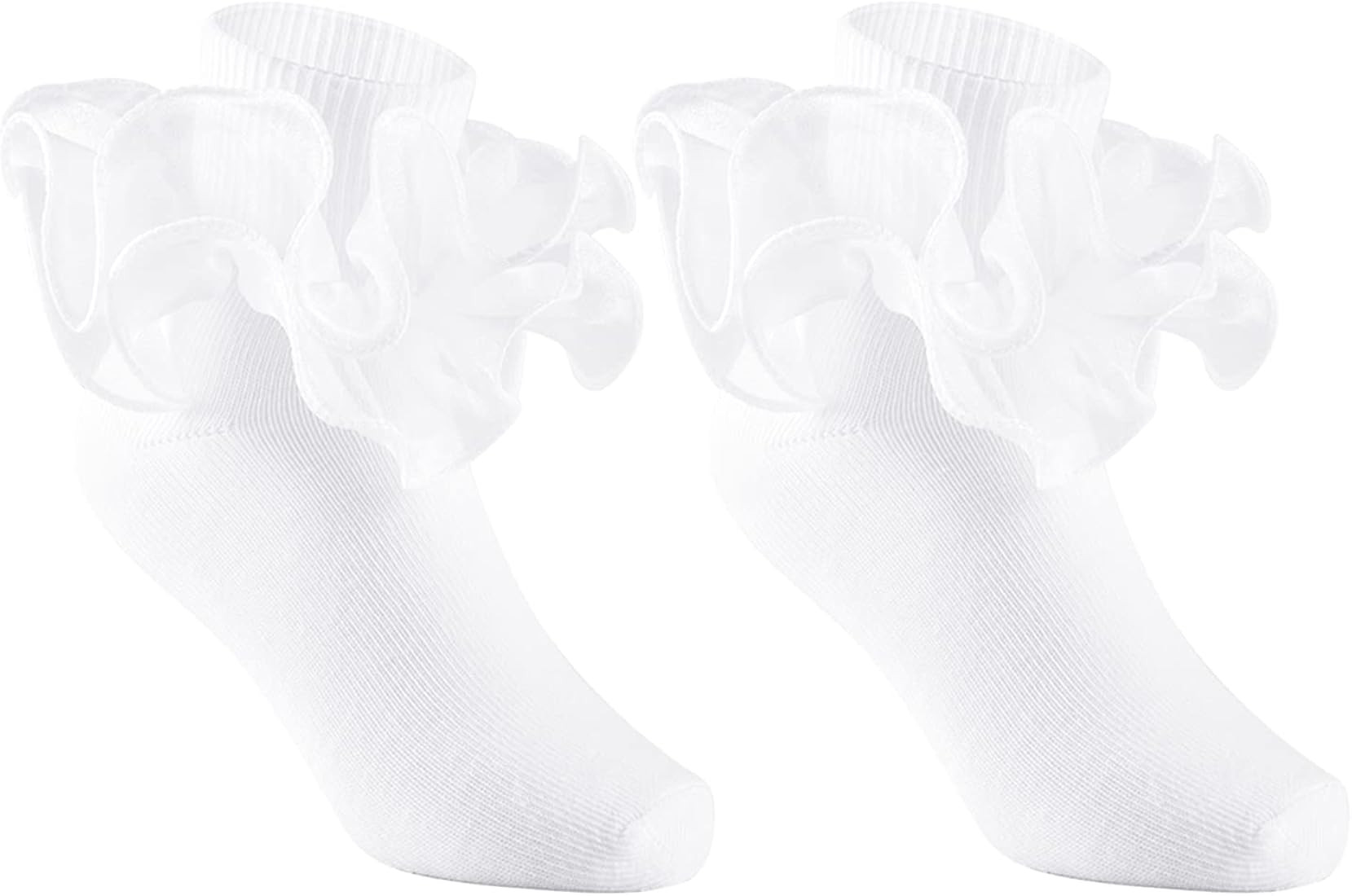3 Pairs Girls Ruffle Socks Big Double Lace Frilly Trim Dress Socks | Amazon (US)