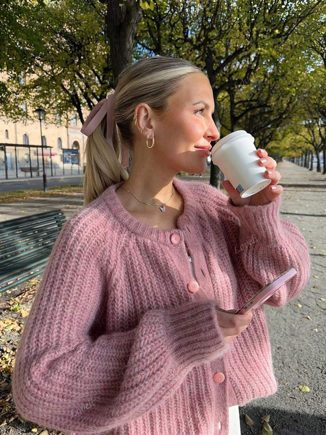 TrendsWomen's Warm Open Button-Front Solid Color Loose Long Sleeve Crew Neck Chunky Soft Casual P... | SHEIN