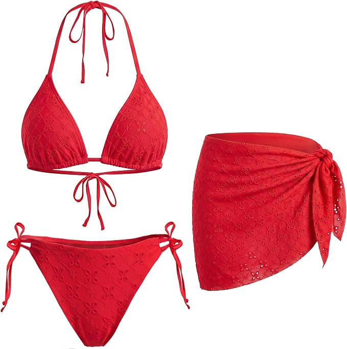 Women 3 Piece Swimsuits - Sexy Triangle Bikini Sets with Cover Up Halter String Tie Side Bathing ... | Amazon (US)
