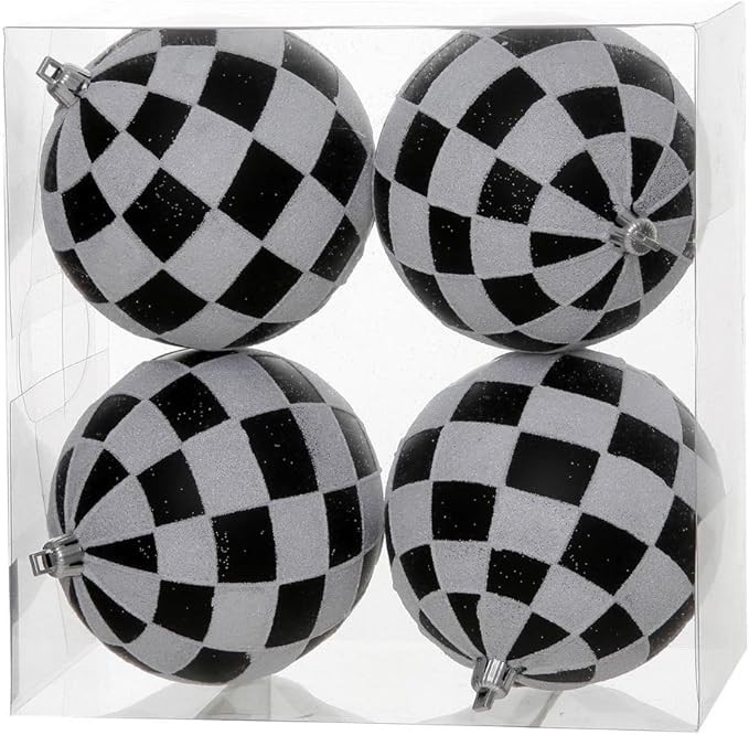 Vickerman 4" Black-White Check Glitter Ball Ornament 4 per Box | Amazon (US)