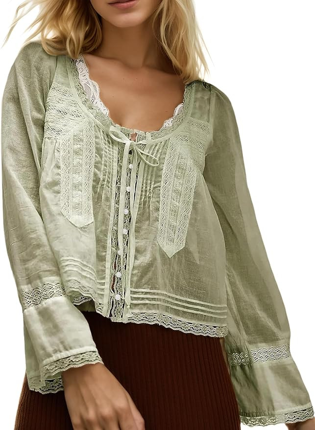 Womens Fall Boho Lace Tie Front Long Sleeve Tops Button Down Shirts Ruffled Chiffon Fashion Cute ... | Amazon (US)
