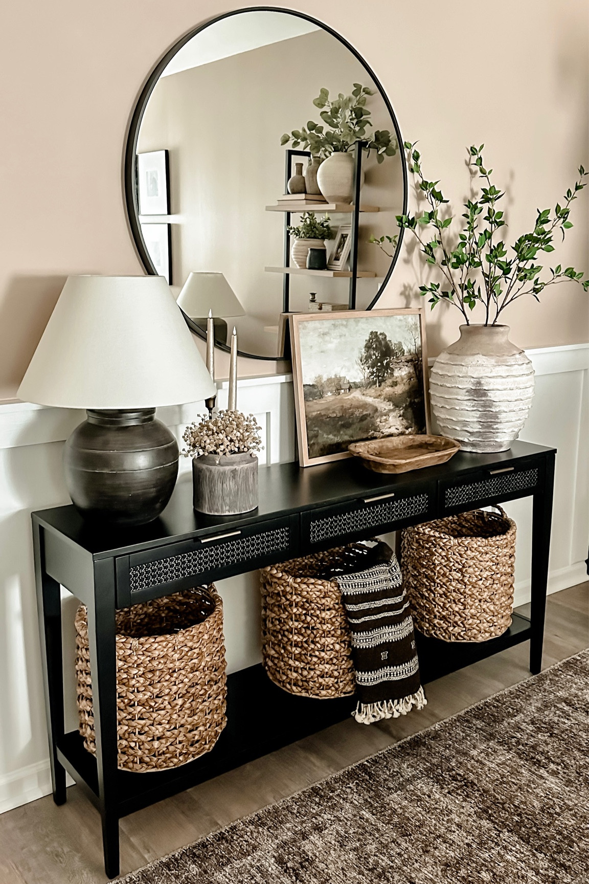 Console Table Styling. Follow @farmtotablecreations on Instagram for more inspiration. East Bluff Woven Drawer Console Table. Target Lamp. Pottery Barn Vase. Entryway Decor. Large Baskets. Wool Indian Blanket. Vintage Art Print. Loloi Billie Tobacco Rust Rug  

#LTKunder50 #LTKhome #LTKFind