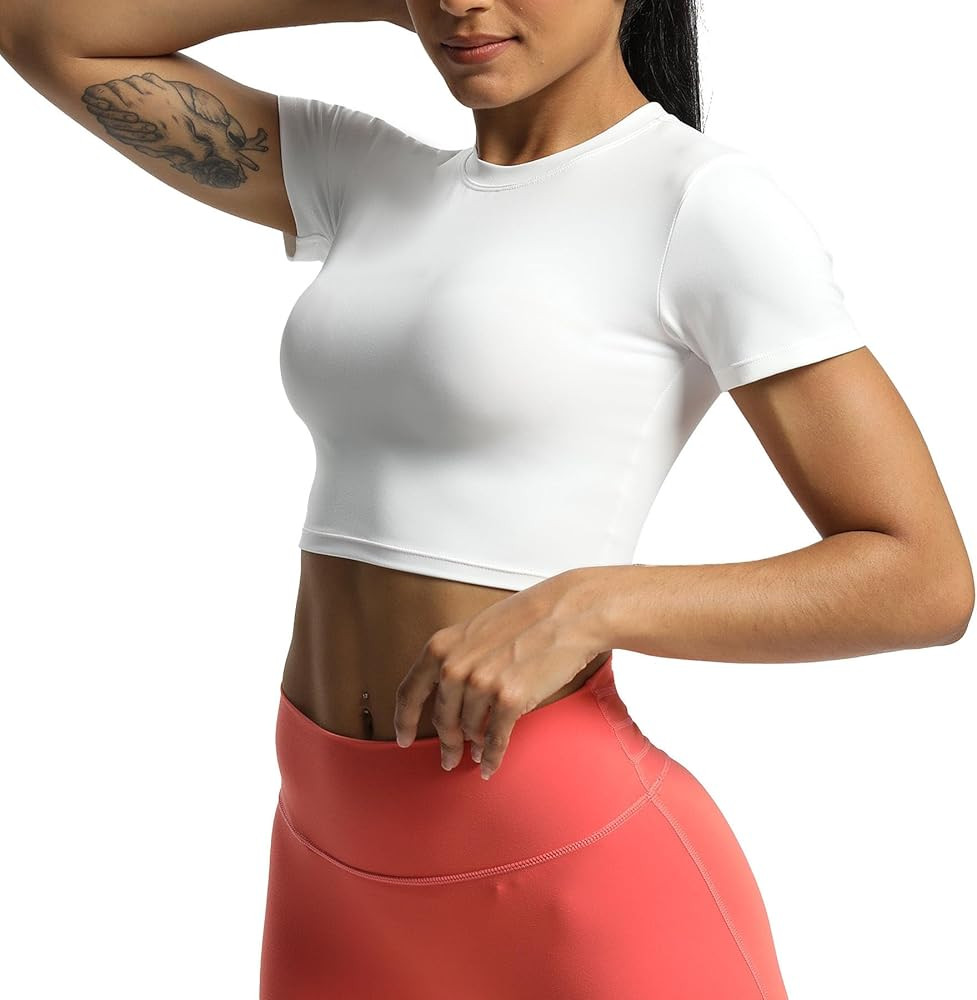 Aoxjox Short Sleeve Crop Tops for Women Classic Longline Workout Crop T Shirt Top | Amazon (US)