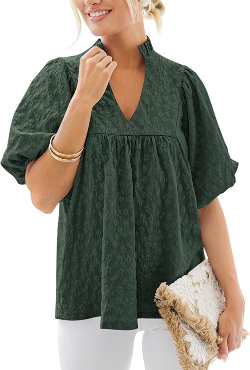 MASCOMODA Womens Summer Tops 2026 Ruffle V Neck Blouses Loose Puff Short Sleeve Jacquard Babydoll... | Amazon (US)