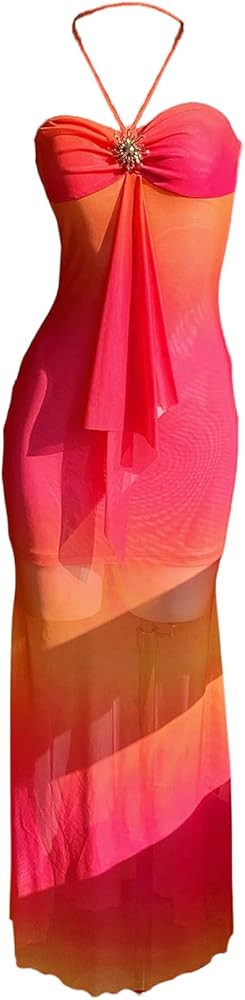 SOLY HUX Women's Ombre Halter Maxi Dress Summer Mesh Ruched Bodycon Beach Vacation Dresses | Amazon (US)