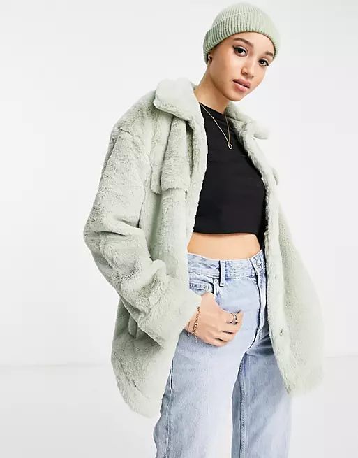 Pieces faux fur shacket in light green | ASOS (Global)