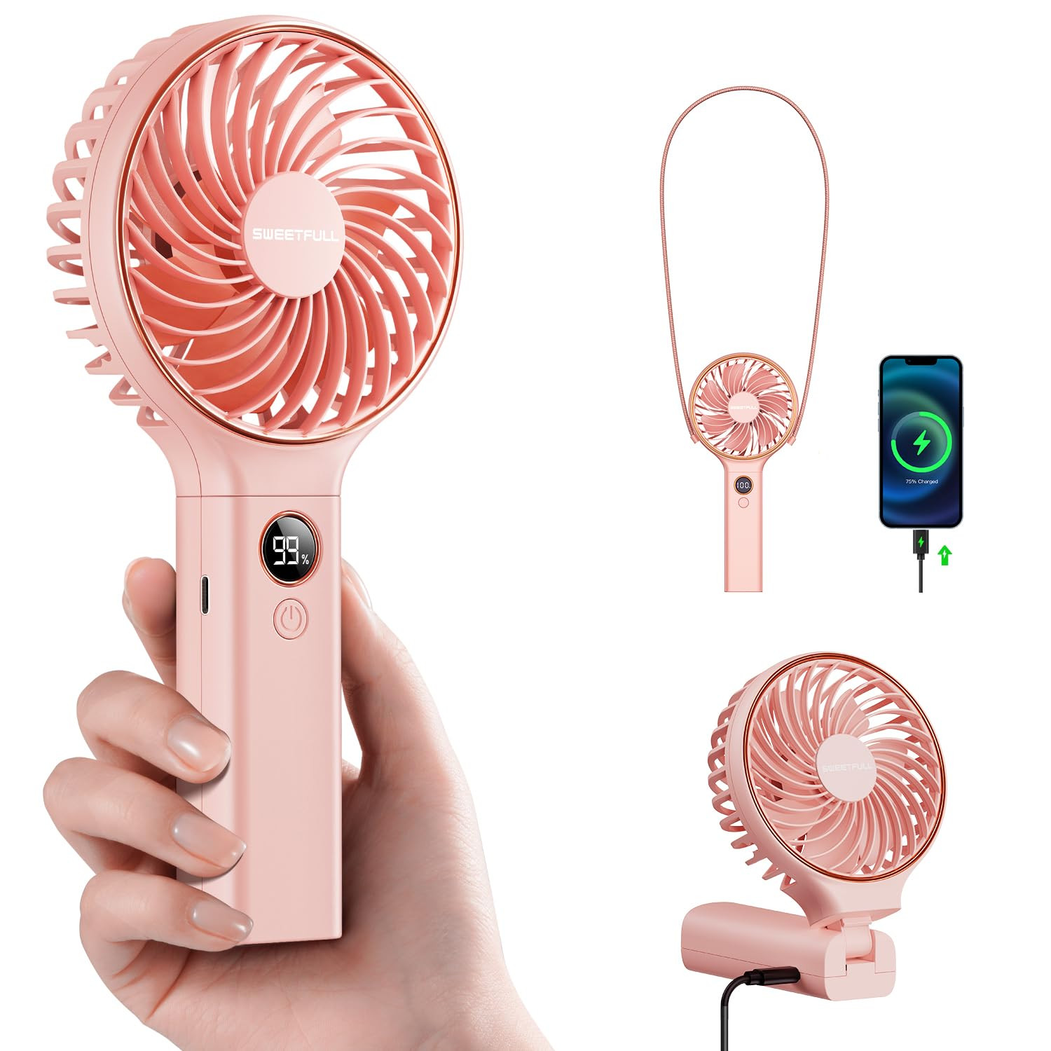 SWEETFULL Handheld Portable Fan, 5000mAh Rechargeable Battery, 6 Speed Wind, LED Digital Display,... | Amazon (US)
