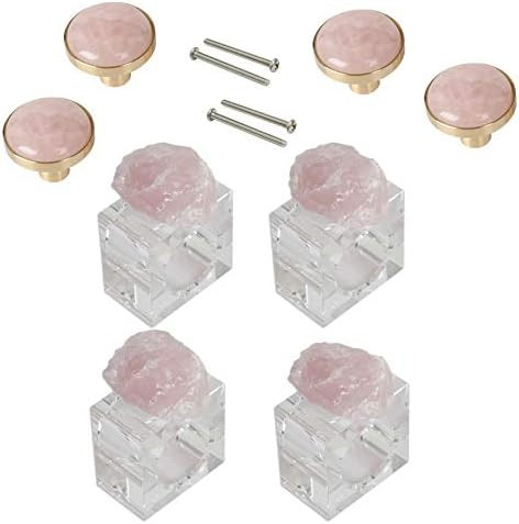 AMOYSTONE 4pcs Rose Quartz Knobs Drawer Brass & 4PCS Rose Quartz Napkin Rings Holder for Home Off... | Amazon (US)